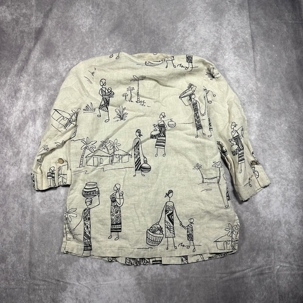 Vintage Hot Cotton Marc Ware Womens Small Beige Linen African Village Button Up - Picture 2 of 7